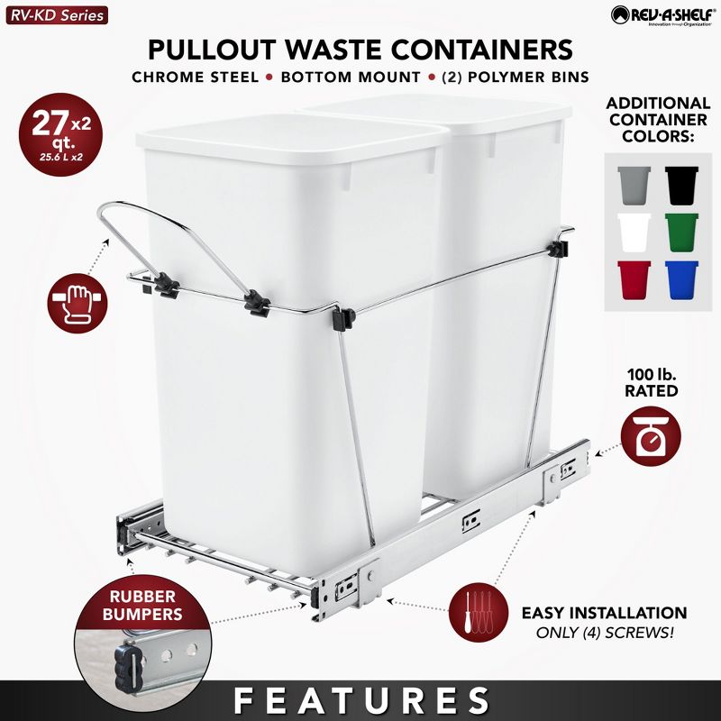 Rev-A-Shelf RV-15KD Series Double 27 Quart Sliding Pull-Out Waste Container for Base Kitchen Cabinet, 4 of 8