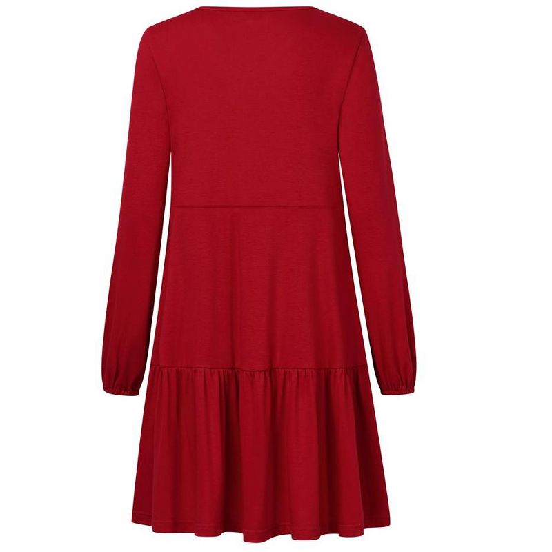 Women Long Sleeve Tiered Ruffle Dresses V-Neck Loose Tunic Pleated Dress with Pockets, 3 of 6