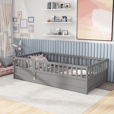 Wood Floor Bed with Safety Fence, Pine Montessori Frame with Door for Kids Bedroom or Playroom Use - Baofuwish