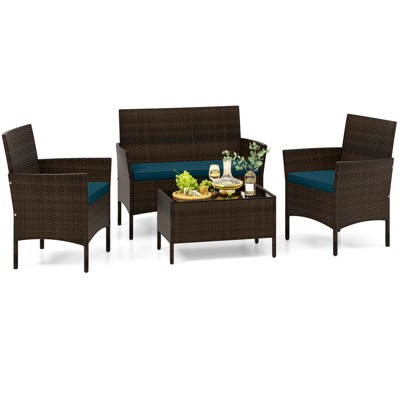 Tangkula Set of 4 Furniture Set w/ Washable Cushions & Tempered Glass Coffee Table