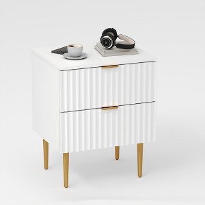 Modern Nightstand with USB Charging Station, Gold & Wood Fluted Bedside Night Stand with 2 Drawers, USB Ports & Outlets - 1 of 4