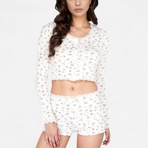 Anna-Kaci Lounge Women's Floral Long Sleeve Pajama Set with Lace Trim Cropped Button Top and High Waist Lounge Shorts - 1 of 4