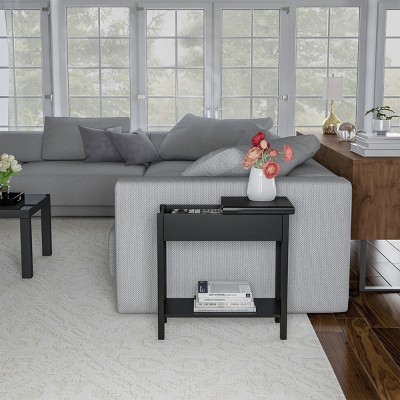 Slim Rectangular Wood and Metal End Table with Storage
