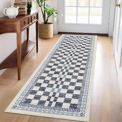 Washable Runner Rug for Kitchen, Bathroom, Non-Slip, Low Pile, Stain-Resistant, Abstract Checkered Carpet, Entryway, Laundry.
