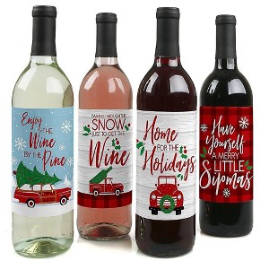 Big Dot of Happiness Merry Little Christmas Tree - Red Truck and Car Christmas Party Decor for Women and Men - Wine Bottle Label Stickers - Set of 4 - 1 of 4