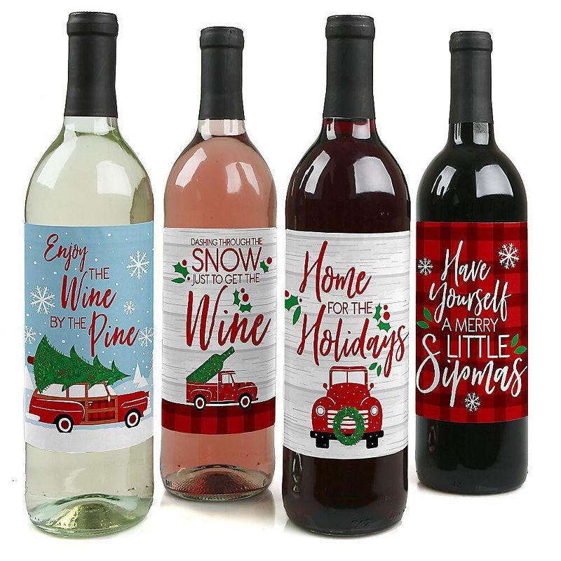 Big Dot of Happiness Merry Little Christmas Tree - Red Truck and Car Christmas Party Decor for Women and Men - Wine Bottle Label Stickers - Set of 4, 1 of 9