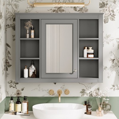 Bathroom Mirror Cabinet, Modern Bathroom Wall Cabinet Storage Organizer With Mirrors Door, 6 Open Shelves, Above Toilet Storage Cabinet