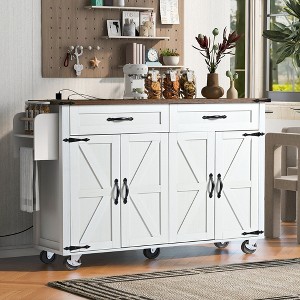 Zeus & Ruta 53.5''Farmhouse Kitchen Island with Power Outlet, Drop Leaf, Spice Rack and Drawer - 1 of 4