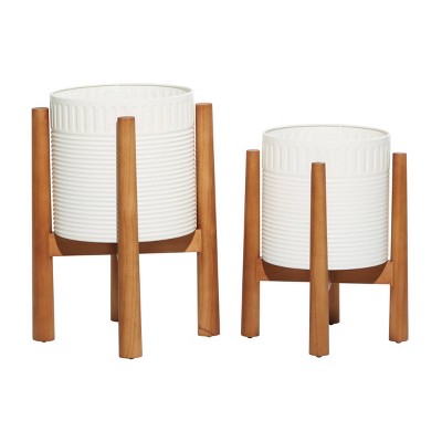 Set of 2 Coastal Metal and Wood Corrugated Planters White/Brown - Olivia & May