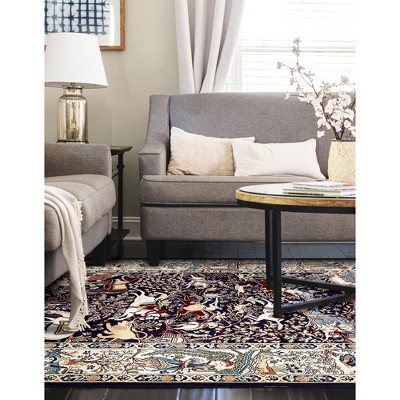 Navy Blue and Tan Rectangular Stain-Resistant Synthetic Area Rug