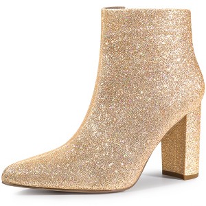 Perphy Women's Glitter Sparkly Pointed Toe Zipper Chunky Heels Ankle Boots - 1 of 4