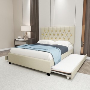 Vynxaria beige gueen size trundle pull out drawers storage upholstered bed - 1 of 4