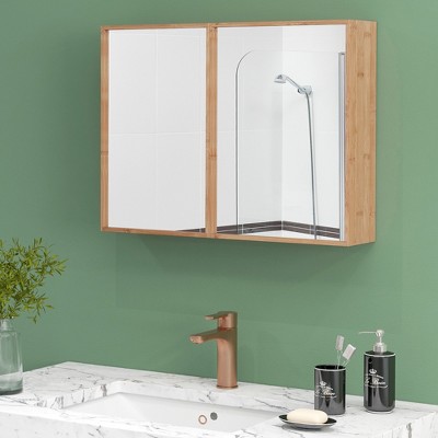 Natural Bamboo Double Door Medicine Cabinet with Mirror and Adjustable Shelves