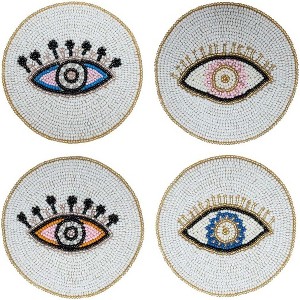 Folkulture Beaded Coasters for Drinks | Set of 4 (4") Evil Eye Round Decorative Bar Coaster for Table Décorations or Coffee Table - 1 of 4
