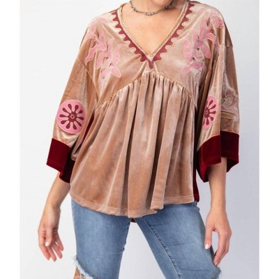Women's Mine All Mine Embroidered Velvet Babydoll Top - Easel
