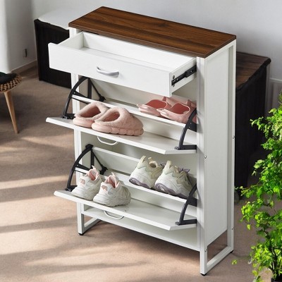 Alilang 25.59 Inch White Shoe Storage Cabinet with Drawer and Three-Tier Flip Shelves - Ancient White,Walnut