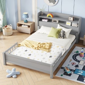 Full Size Pine Wood Bed with Bookcase Headboard - Motion Sensor LED & Adjustable Guardrails, Safe & Stylish - 1 of 4
