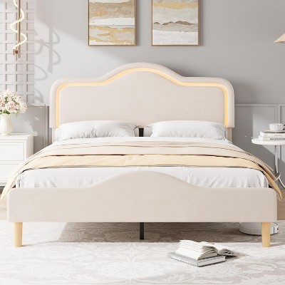 Beige/Pink/Gray Upholstered LED Bed Frame with Adjustable Headboard, Velvet Princess Platform Bed for Girls with Wooden Slat Support, Easy Assembly