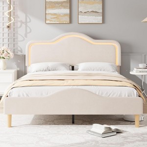 Beige/Pink/Gray Upholstered LED Bed Frame with Adjustable Headboard, Velvet Princess Platform Bed for Girls with Wooden Slat Support, Easy Assembly - 1 of 4