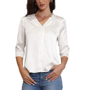 INSPIRE CHIC Women's Satin Split V Neck 3/4 Sleeve Button Down Business Office Blouses - 1 of 4