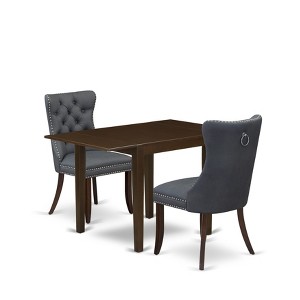 East West Furniture, 3 Piece Dining Table Set Includes a Rectangle Kitchen Table with Dropleaf and 2 Upholstered Chairs, Mahogany - 1 of 4