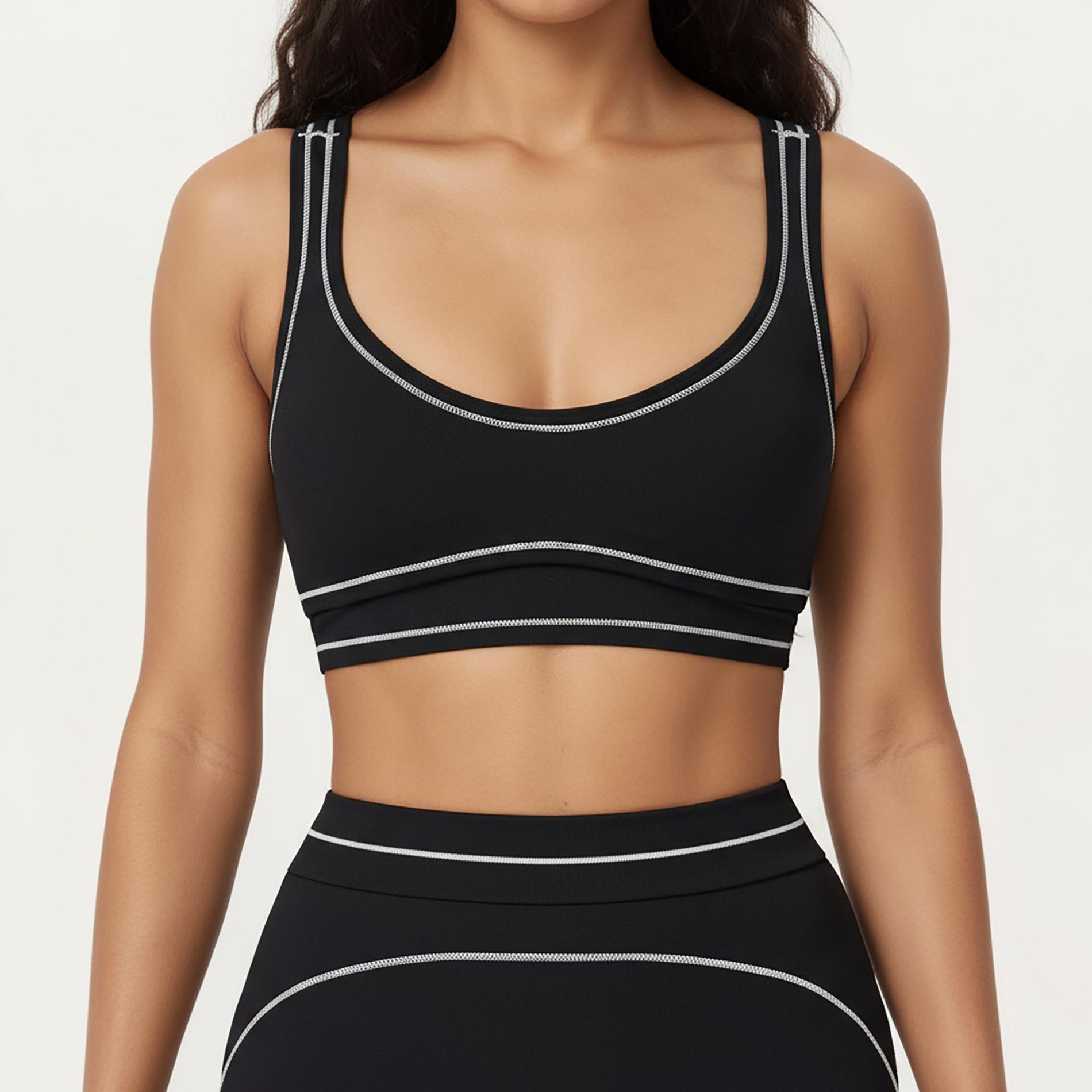Anna-Kaci Active Women's Sports Bra with Scoop Neck, Wide Straps, and Contrast Stitch Detailing for Medium Support
