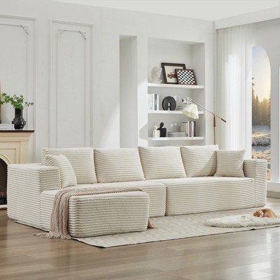 137.8" Corduroy Upholstery L-Shaped Cloud Modular Sectional Sofa with Left Chaise and Pillows, All-Foam Compression Design