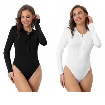 Allegra K Women's Full Button Crew Neck Long Sleeve Bodycon Romper Stretchy Body Shapers 2 Packs
