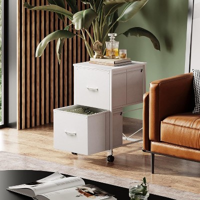 White Fabric 2-Drawer Mobile File Cabinet with Steel Frame