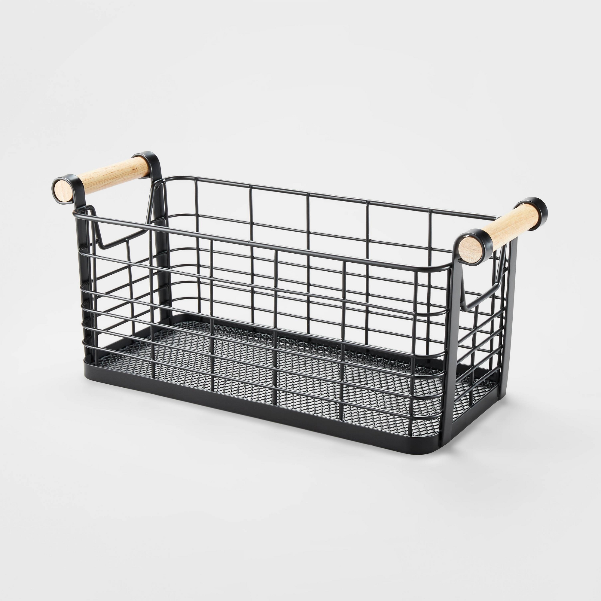 Small Rectangular Wire Natural Wood Handles Basket Black