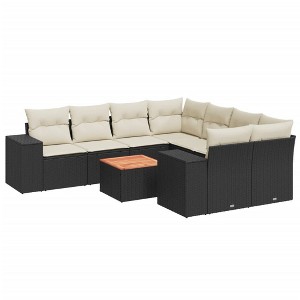 vidaXL Patio Sofa Set with Cushions Outdoor Furniture 9 Piece Poly Rattan - Black and Cream - 1 of 4