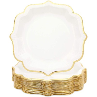 Sparkle and Bash 48 Pack White Paper Party Plates with Gold Foil Scalloped Edging (9 In)