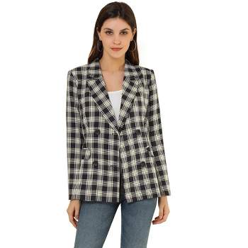Allegra K Women's Casual Fit Notched Lapel Double Breasted Plaid Formal Blazer
