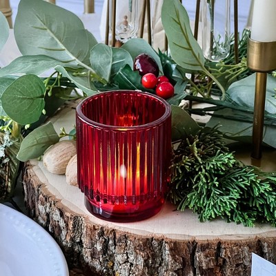 Blush Pink Ribbed Glass Votive Candle Holders Set of 6