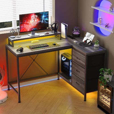 43 Inch Computer Desk, L Shaped Desk with Power Outlets and Led Lights, 3-Drawer Gaming Desk with Storage Shelves and Monitor Stand