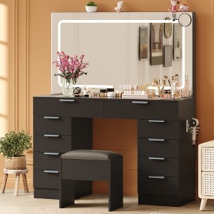 46" Vanity Desk with Mirror - Modern Makeup Dressing Table Set, Glass Top, Magnifying Glass, Hairdryer Holder, 10 Drawers, Stool for Bedroom - 1 of 4