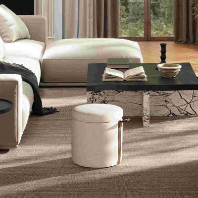 CAVINAS Round Storage Ottoman Bench,Upholstered Ottoman with Leather Accent for Living Room,Bedroom,Gray/White