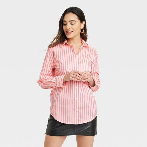 Pink and white striped button clearance down shirt