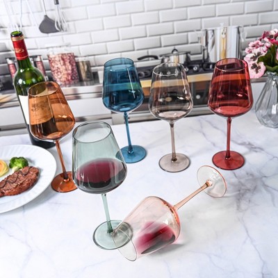 Set of 6 Multi-Colored Hand-Blown Crystal Wine Glasses