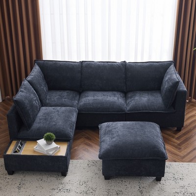 Whisen 90" U-shaped Sectional Sofa Modular Sofa Couch with a Movable Ottoman , a Coffee Table with Hidden Charging Devices