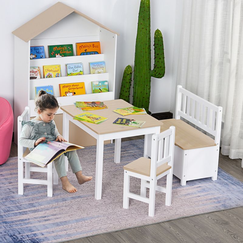 Qaba 4-Piece Kids Table Set with 2 Wooden Chairs, 1 Storage Bench, and Interesting Modern Design, 3 of 8