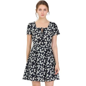 Allegra K Women's Printed Summer Casual Square Neck Short Sleeve Fit and Flare Dress - 1 of 4