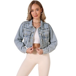 INSPIRE CHIC Women's Rivet Studded Denim Turndown Collar Long Sleeve Casual Wash Cropped Jean Jacket - 1 of 4