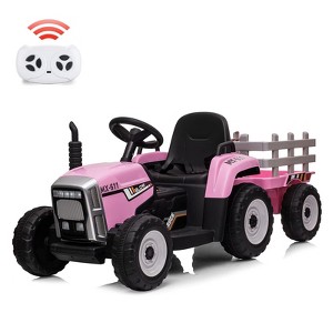 12V Kids Battery Powered Electric Tractor with Trailer, Toddler Ride On Car, RC, 7-LED Headlights/ 2+1 Gear Shif, for Kids - 1 of 4