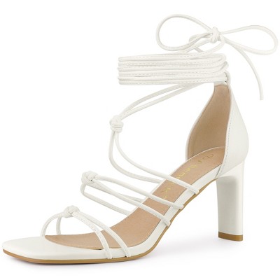 Allegra K Women's Square Toe Lace Up Strappy Chunky High Heels Sandals