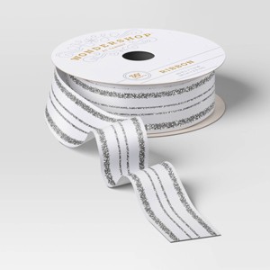 30' Christmas Fabric Ribbon White Satin Silver Glitter Stripes - Wondershop™ - 1 of 3
