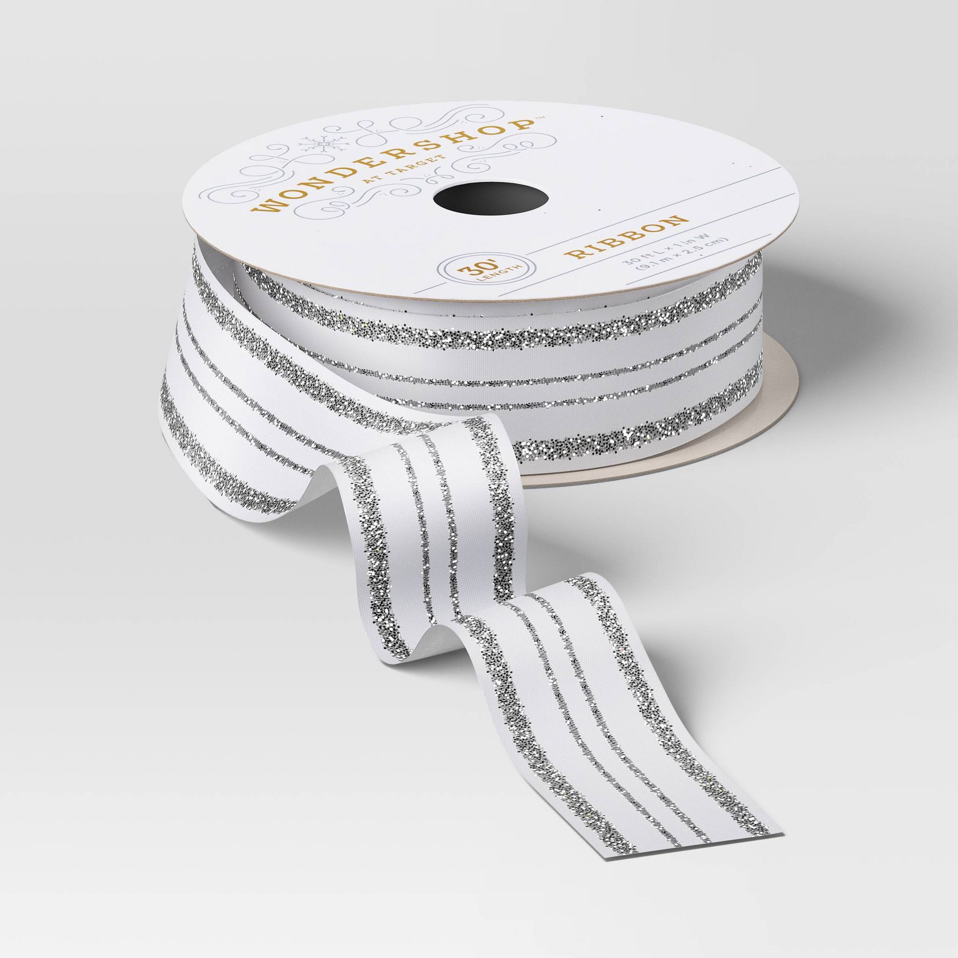 30' Christmas Fabric Ribbon White Satin Silver Glitter Stripes - Wondershop™