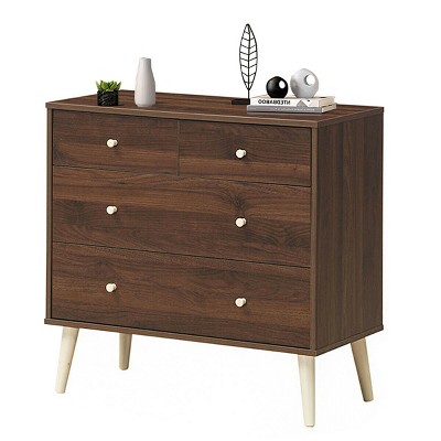 Costway 4-Drawer Dresser Chest Cabinet Storage Organizer Rubber Leg W/Rail Walnut Finish