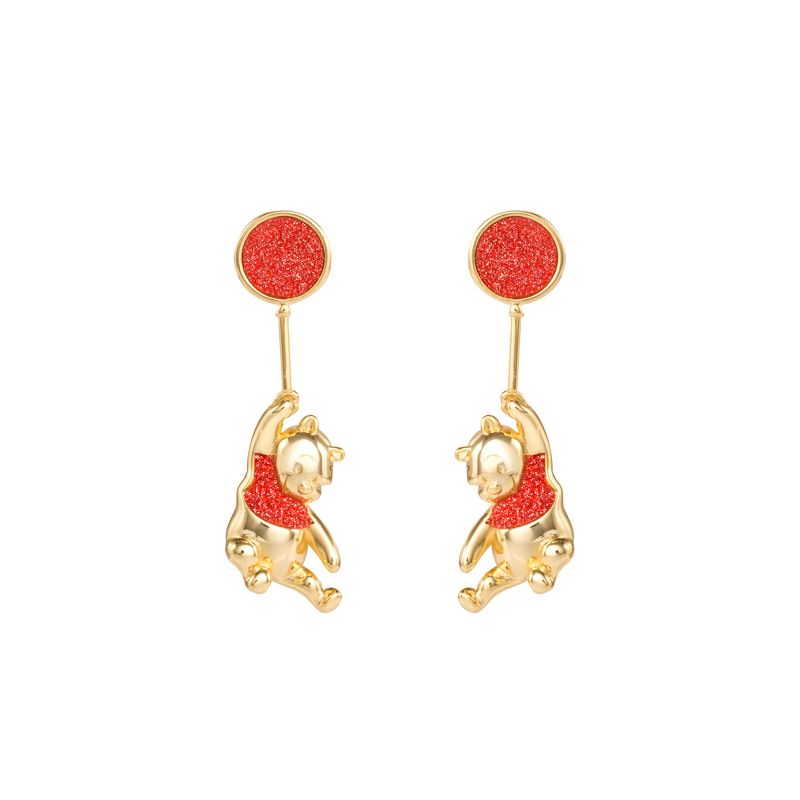Disney Womens Winnie the Pooh Gold Plated Red Glitter Balloon Swinging Earrings, 1 of 5