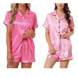 INSPIRE CHIC Women's 4 Pcs Striped Silky Satin Sleepwear Button-Up Shirt & Shorts 2025 Lounge Set - 1 of 4